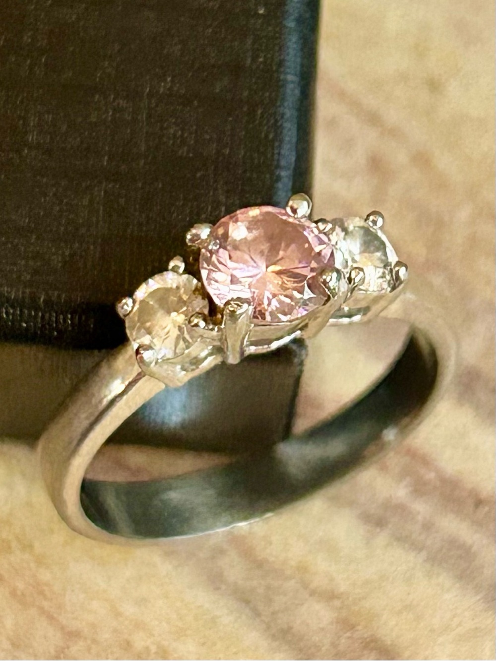 Pink Three-Stone classic Ring - Pink Center Gem with Clear Side Stones